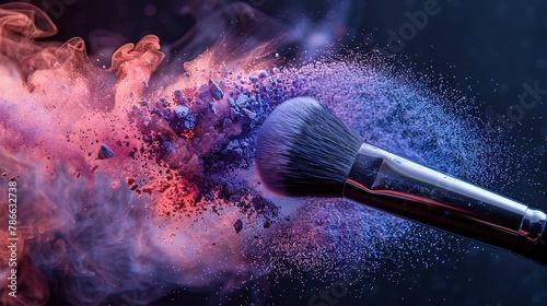 purple and blue powder splash and brush for makeup artist or graphic design in black background.