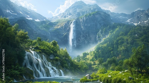 Breathtaking tropical waterfall surrounded by lush greenery in a serene mountain landscape