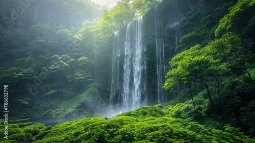 Breathtaking tropical waterfall surrounded by lush greenery in a serene mountain landscape