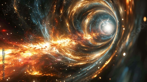 Vivid depiction of a massive particle accelerator in full action, swirling cosmic energies