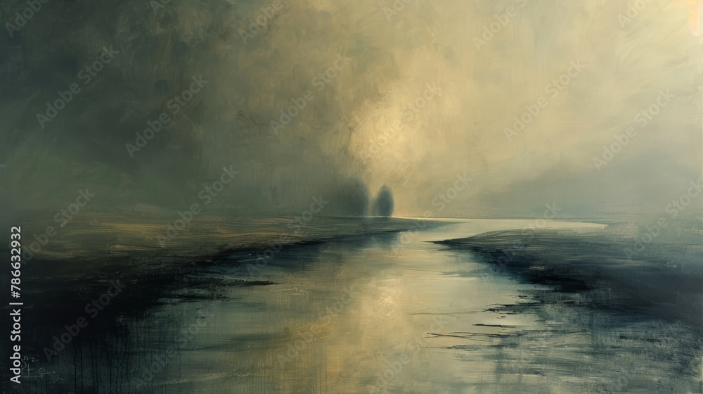 Mystical abstract landscape painting with serene and expansive water view