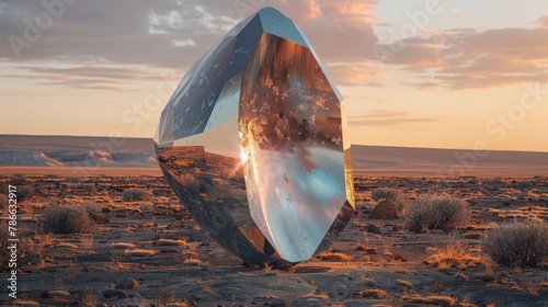 Giant matte black sculpture in a desert with sunlight reflection