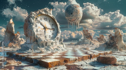Surreal landscape with melting clock and chessboard under a dramatic sky