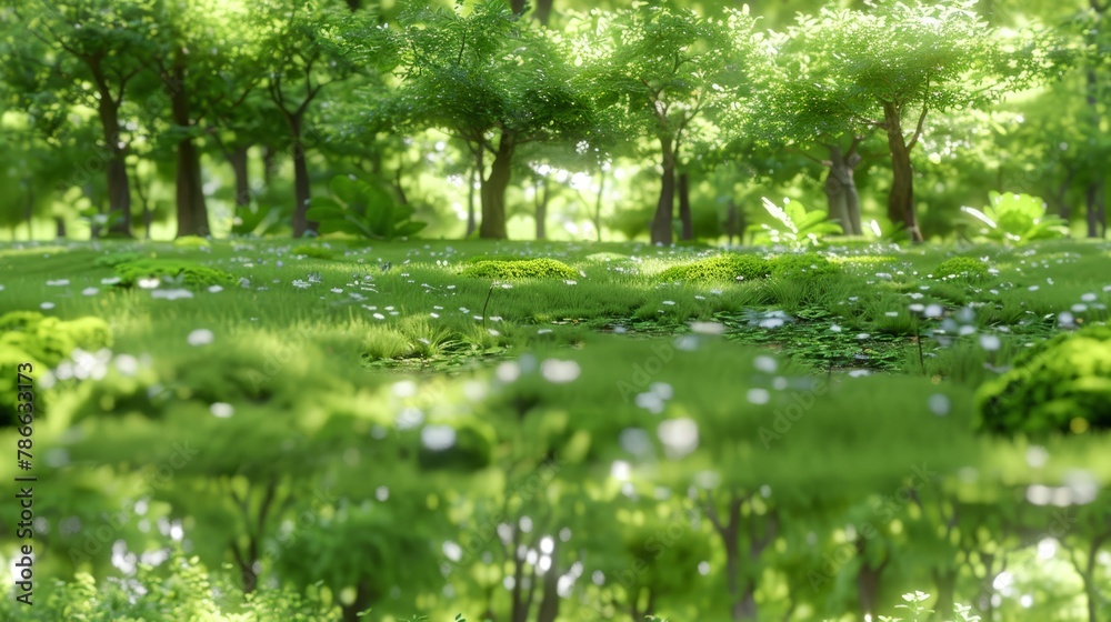 Obraz premium A verdant forest teeming with countless trees and white flowers atop a lush, green grassy expanse
