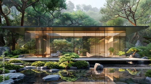 Modern glass pavilion in tranquil autumn garden by a reflective pond