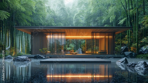 Serene Japanese teahouse on a misty river with modern minimalistic architecture surrounded by lush nature