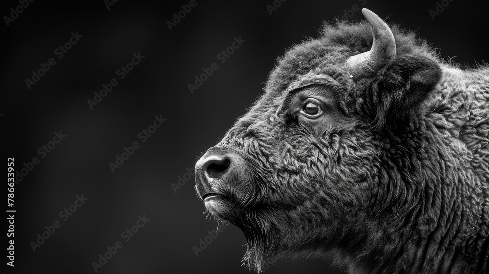 Obraz premium A monochrome image of a bison's head featuring lengthy horns and dense coat