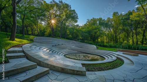Modern amphitheater in a serene park setting featuring innovative concrete architecture and lush greenery