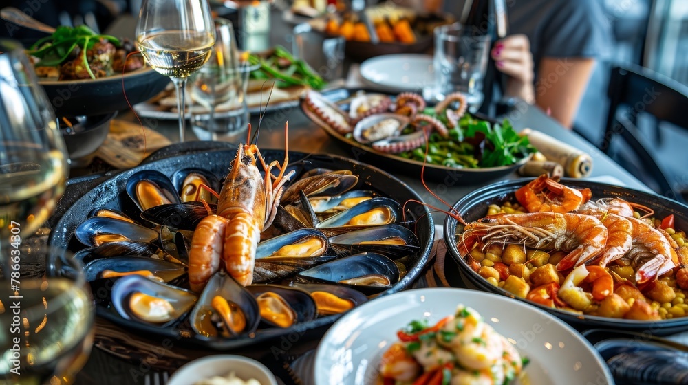 Assorted seafood dishes with white wine   mussels, shells, octopus, shrimp, and fish
