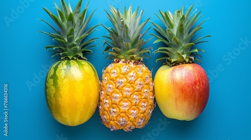   Three fruits – a pineapple, an apple, and an orange – are aligned on a vibrant blue background