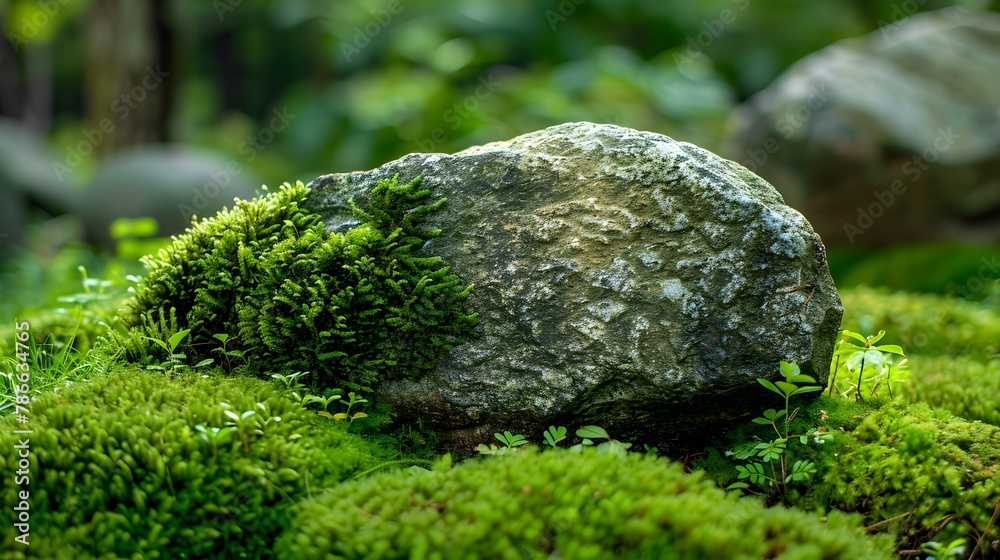 An isolated stone adorned with lush green moss, showcasing the beauty and serenity of nature.
