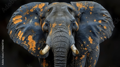  A tight shot of an elephant's face, adorned with yellow paint, and its tusks