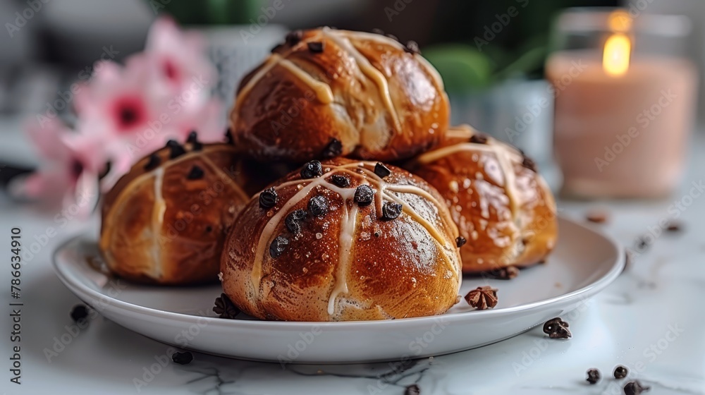   A white plate holds croissants topped with raisins Nearby, a candle flickers, and a pink flower adds charm