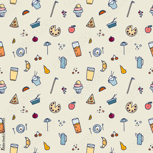 Seamless pattern with food and drinks in doodle style. Fun background with colorful dishes. Fruits and berries, vitamin cocktails