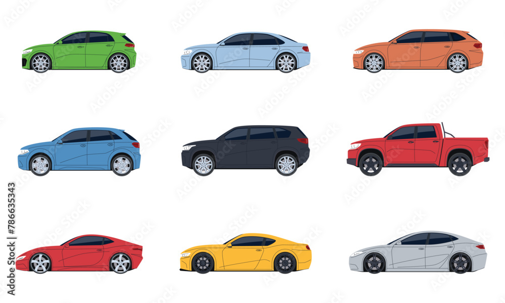 Set of cars of different models. Transport side view. Modern cars, SUVs, sports cars. Vector illustration Set of cars of different models. Transport side view. Modern cars, SUVs, sports cars. Vector illustration