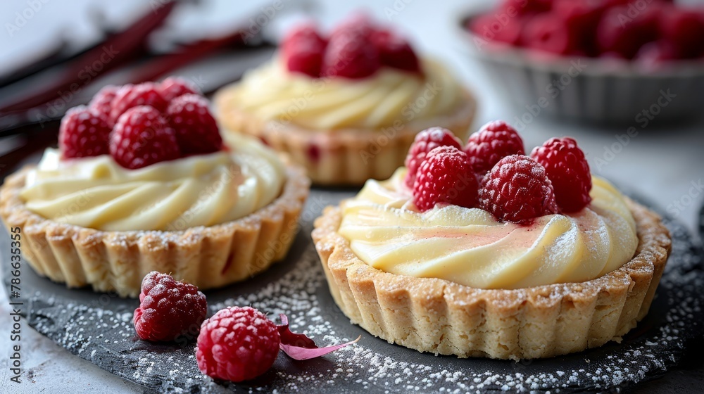 A tight shot of a dessert on a plate, adorned with raspberries atop cupcakes A tight shot of a dessert on a plate, adorned with raspberries atop cupcakes