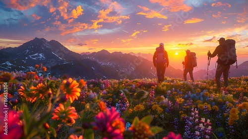 Hikers Stumble Upon Vibrant Flower Filled Meadow at Scenic Sunset in the Mountains photo