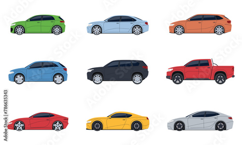 Set of cars of different models. Transport side view. Modern cars, SUVs, sports cars. Vector illustration