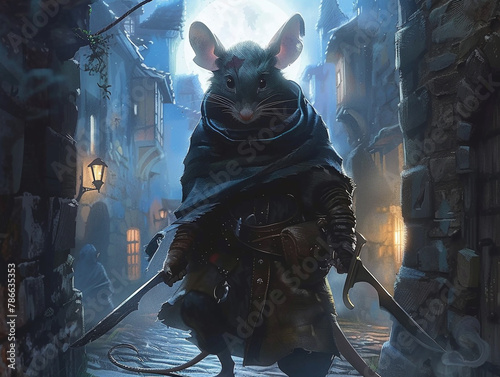 A stealthy Mouse Assassin cloaked in shadows with dual daggers at the ready lurking in the cobblestone alleyways of an ancient moonlit fantasy city