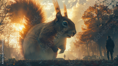 A Gigantic Squirrel against a Sunset Sky in an Urban Park