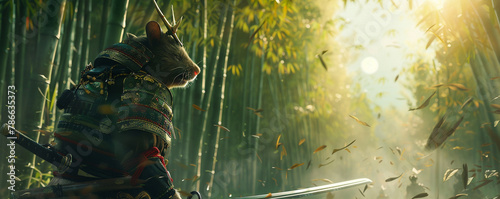 An elite Mouse Samurai armor adorned with dragon motifs preparing for battle in a serene bamboo forest a katana blade reflecting the crescent moon