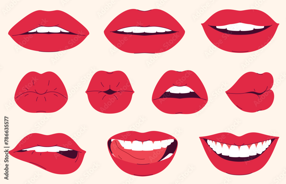 A set of red female lips expressing different emotions. Sexy lips smile, kiss, flirt. Vector illustration A set of red female lips expressing different emotions. Sexy lips smile, kiss, flirt. Vector illustration