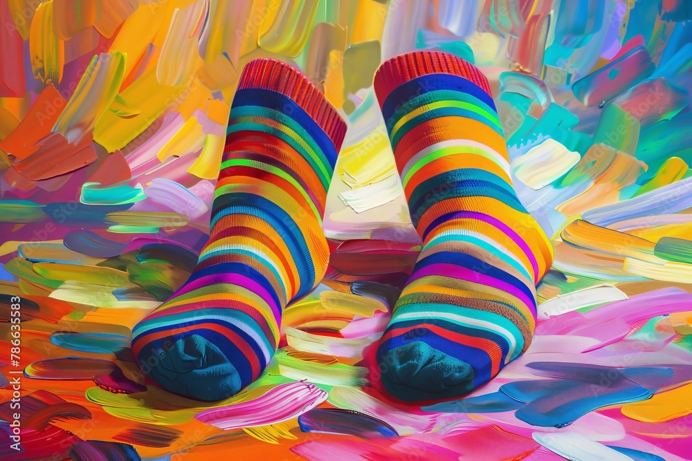 A pair of colorful socks with detailed stripes and an abstract pattern in the background in the style of an oil painting illustration. The simple composition uses vibrant colors 