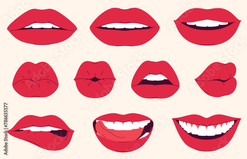 A set of red female lips expressing different emotions. Sexy lips smile, kiss, flirt. Vector illustration © Igor
