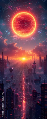 UFO Hovering Over Cyber City at Sunset, To provide a captivating and eye-catching visual for use in science fiction, technology, and urban-themed