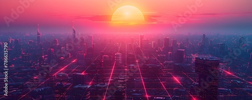 Neon-Lit Tech Futuristic City at Sunset, To convey a sense of modernity, technological advancement, and dynamic energy in an urban setting