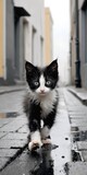 Sad little homeless kitten on city street