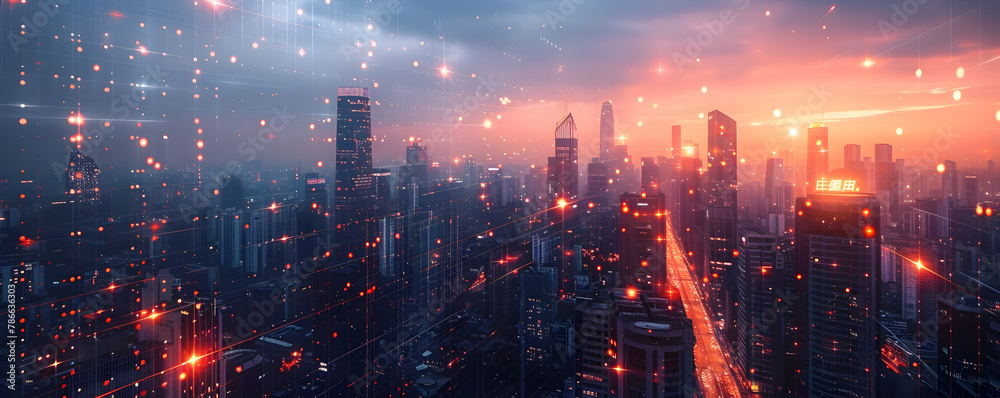 Captivating Cityscape at Dusk with Vibrant Lights and Towering Skyscrapers