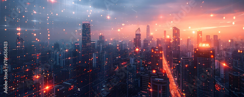 Captivating Cityscape at Dusk with Vibrant Lights and Towering Skyscrapers