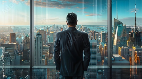 Successful Businessman Overlooking Bustling Cityscape from Office Window photo