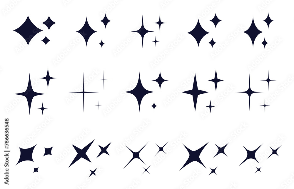 A set of different stars of sparkles. Bright flash icon. The shine of valuable things. Flicker light icon. Vector illustration A set of different stars of sparkles. Bright flash icon. The shine of valuable things. Flicker light icon. Vector illustration