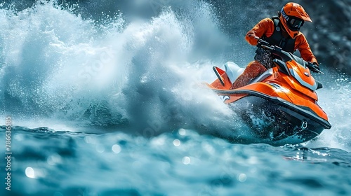 Adrenaline Rush: Jet Ski Power Surge on Open Waves. Concept Extremely fun outdoor activity, High-speed adventure, Breathtaking ocean views, Thrilling water sports