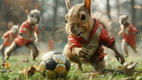 Energetic Squirrel Soccer Player Competing with Animal Teammates on Autumn Field photo
