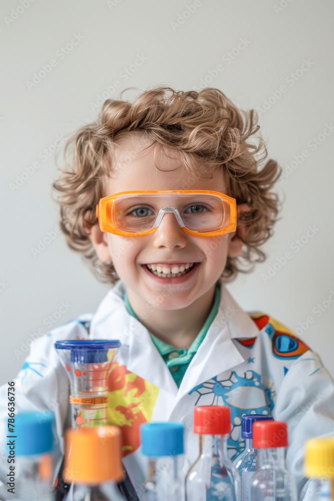 Studio Portrait of Joyful Child in Lab Coat and Goggles with Test Tubes. Future Chemist Studio Portrait of Joyful Child in Lab Coat and Goggles with Test Tubes. Future Chemist