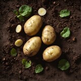 Raw potatoes from field on ground background. Top view flat lay.