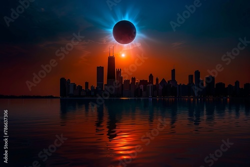 a solar eclipse in the sky over Chicago skyline, silhouette of buildings, reflection on lake, dark orange and blue color gradient, cinematic, hyper realistic