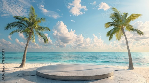 3d round stone podium for product showcase  tropical background  beach behind pedestal  