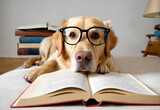 Funny dog retriever reading book. Cute pet read. Learning in dogs