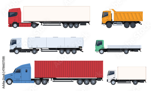 Set of different trucks. Freight transportation of goods. Transport with various cargo trailers. Logistics of factory products. Vector illustration © Igor