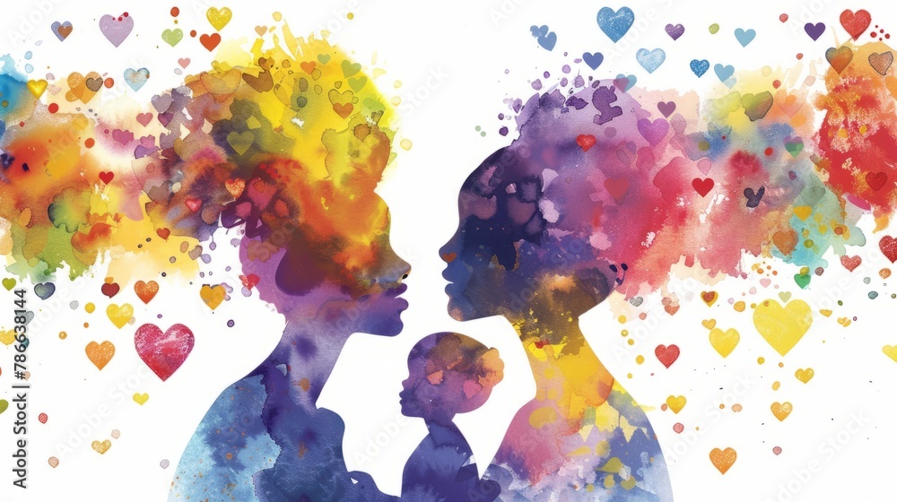 A watercolor silhouette of mother and child, with hearts radiating from their heads in different colors. The background is white to highlight the figures against the splash effect