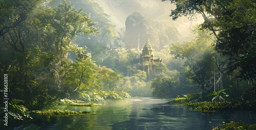 tropical rainforest river landscape, a mysterious temple in the jungle © Riverland Studio