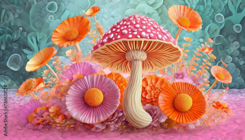 3D pink and orange flower arrangement with a mushroom in the middle