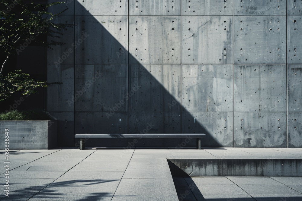 Stark shadows cast on a minimalist concrete wall and pavement, with a solitary bench invoking contemplation and modern design.
Stark shadows cast on a minimalist concrete wall and pavement, with a solitary bench invoking contemplation and modern design.