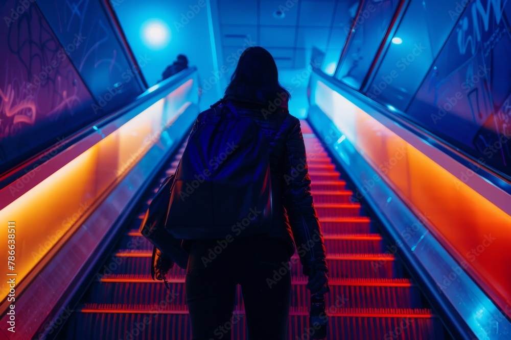 Dynamic urban scene capturing a lone figure ascending an illuminated escalator in a colorful, neon-lit corridor.

