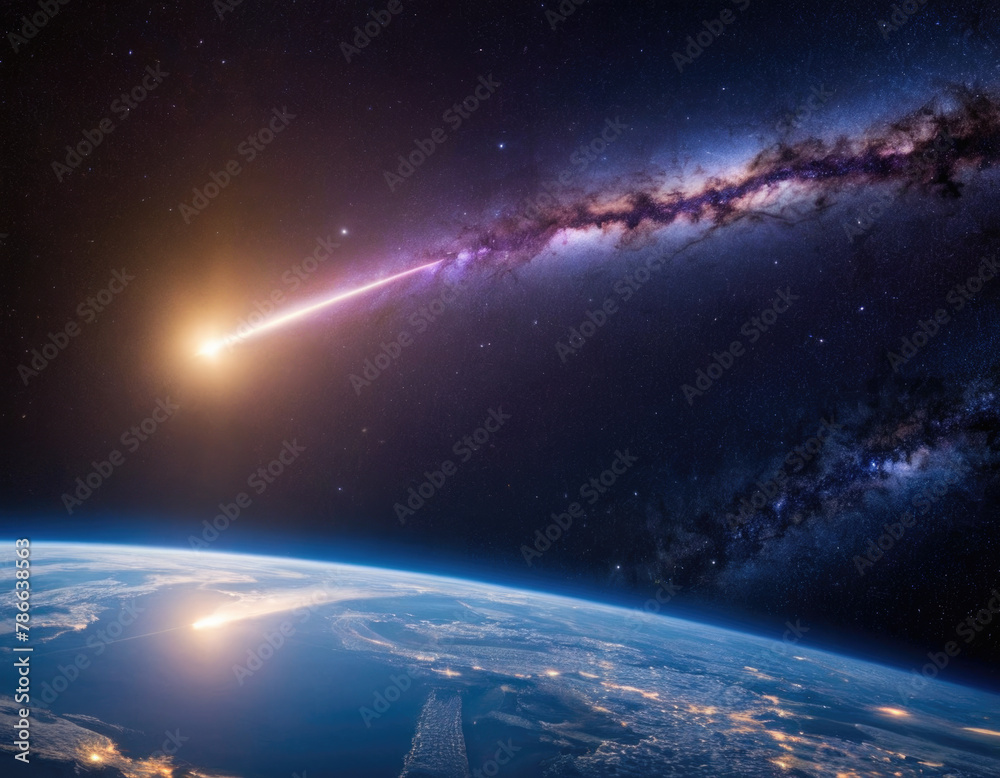 Fototapeta premium Rocket spaceship shuttle launch with bright space nebula sky with bright rocket trail of fire and smoke