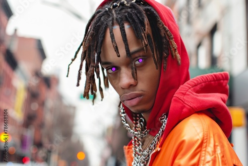 A young man with dreadlocks in an oversized red and orange hoodie, chains around his neck stands on the street of New York in hip hop style . He has purple eyes and looks at us
